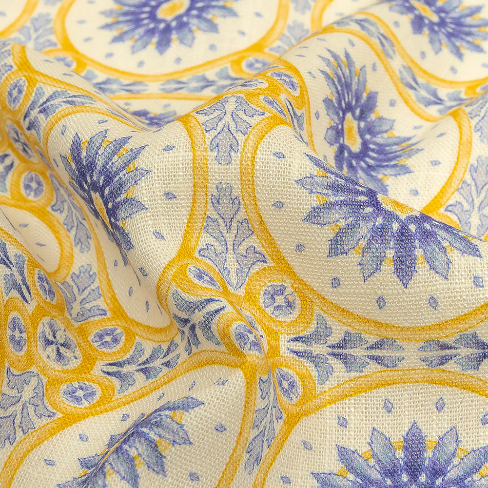 Viscose and Linen Woven Print - Violet Storm and Yellow Floral Tiles - Mood Exclusive Sao Bento