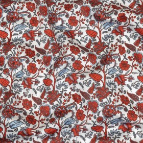 Poinciana, Crystal Blue and Snow White Floral Stems Cotton Sateen Poinciana, Crystal Blue and Snow White Floral Stems Cotton Sateen
