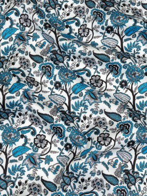 Vapor Blue, Tap Shoe and Snow White Floral Stems Cotton Sateen Vapor Blue, Tap Shoe and Snow White Floral Stems Cotton Sateen