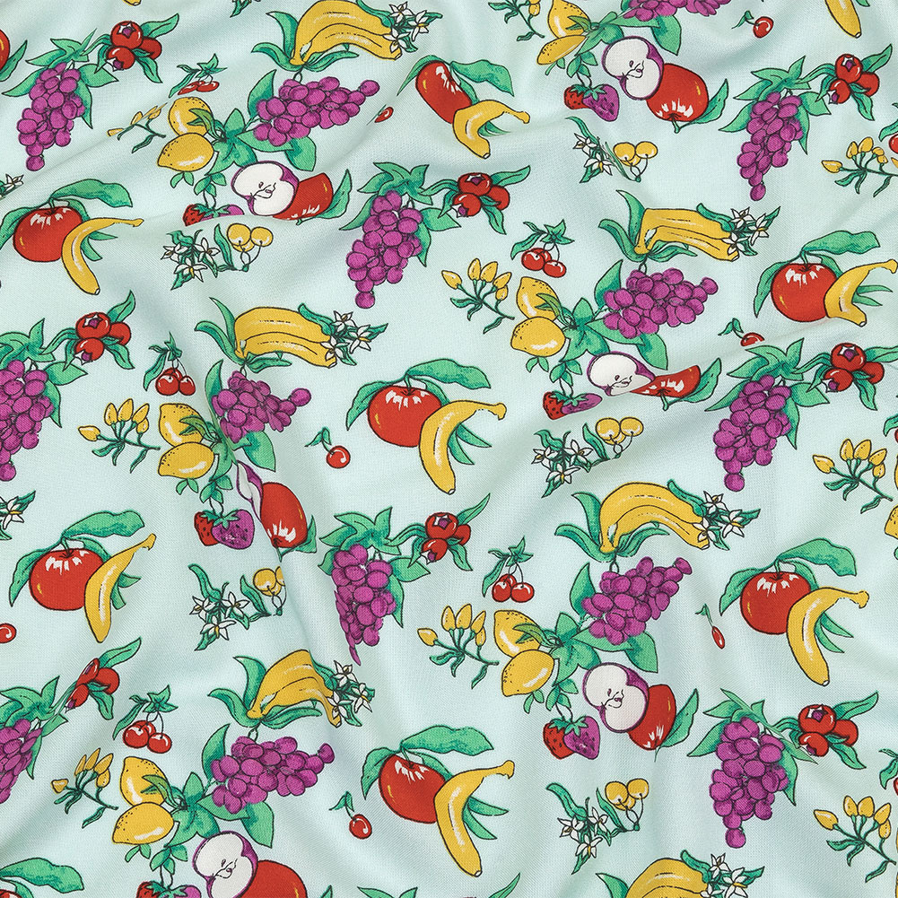 Pale Blue, Green and Yellow Fruit Viscose Batiste Pale Blue, Green and Yellow Fruit Viscose Batiste