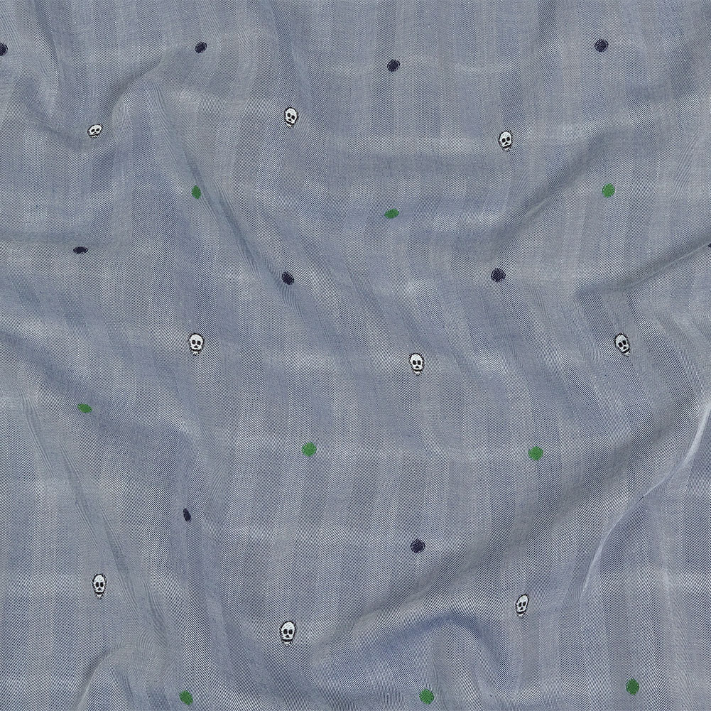 Blue, Green and White Skulls and Polka Dots Lightweight Cotton Herringbone Jacquard Blue, Green and White Skulls and Polka Dots Lightweight Cotton Herringbone Jacquard