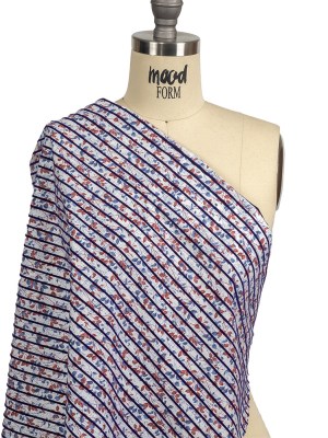 Navy Flocked Stripes on Red, Blue and White Leafy Cotton Shirting with Give Navy Flocked Stripes on Red, Blue and White Leafy Cotton Shirting with Give