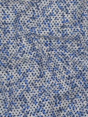 Black Flocked Polka Dots on Blue and White Leaves and Dots Stretch Cotton Shirting Black Flocked Polka Dots on Blue and White Leaves and Dots Stretch Cotton Shirting