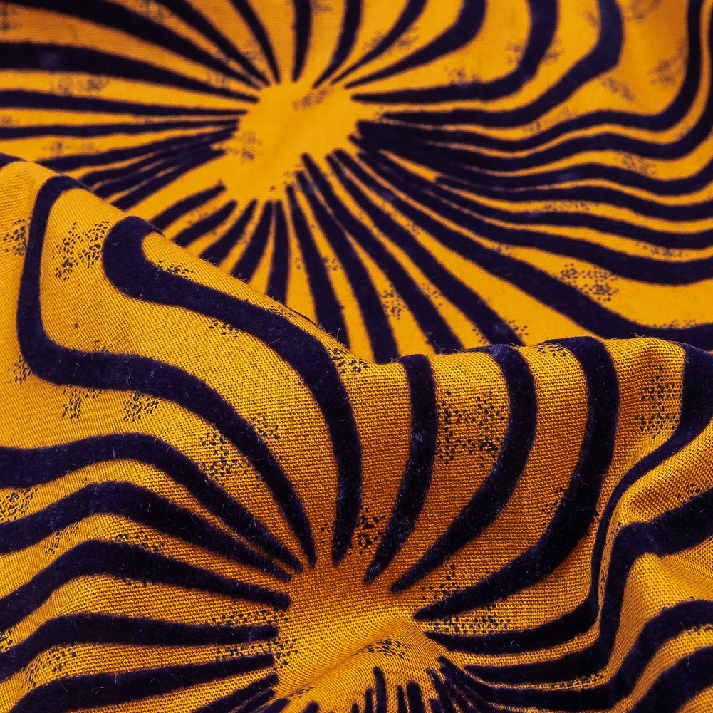 Navy Flocked Abstract Florals on Mustard and Navy Abstract Stretch Cotton and Polyester Shirting