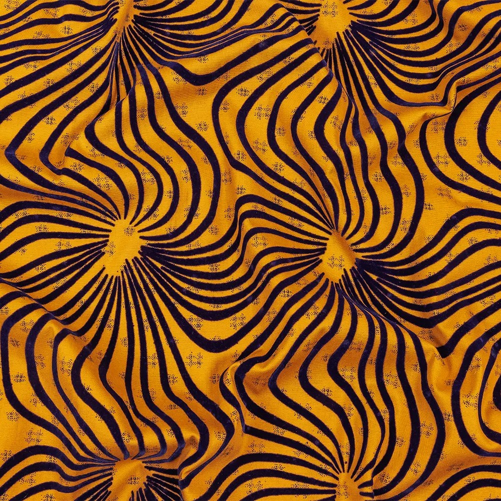 Navy Flocked Abstract Florals on Mustard and Navy Abstract Stretch Cotton and Polyester Shirting Navy Flocked Abstract Florals on Mustard and Navy Abstract Stretch Cotton and Polyester Shirting