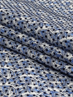 Black Flocked Polka Dots on Blue and White Leaves Stretch Cotton Shirting Black Flocked Polka Dots on Blue and White Leaves Stretch Cotton Shirting
