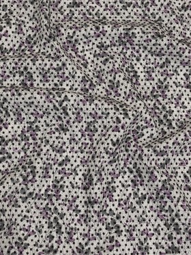 Black Flocked Polka Dots on Dark Gray and Purple Leaves and Dots Stretch Cotton Shirting Black Flocked Polka Dots on Dark Gray and Purple Leaves and Dots Stretch Cotton Shirting