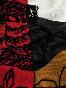 Red, Mustard and Black Flocked Flowers on Geometric Printed Viscose Woven Red, Mustard and Black Flocked Flowers on Geometric Printed Viscose Woven