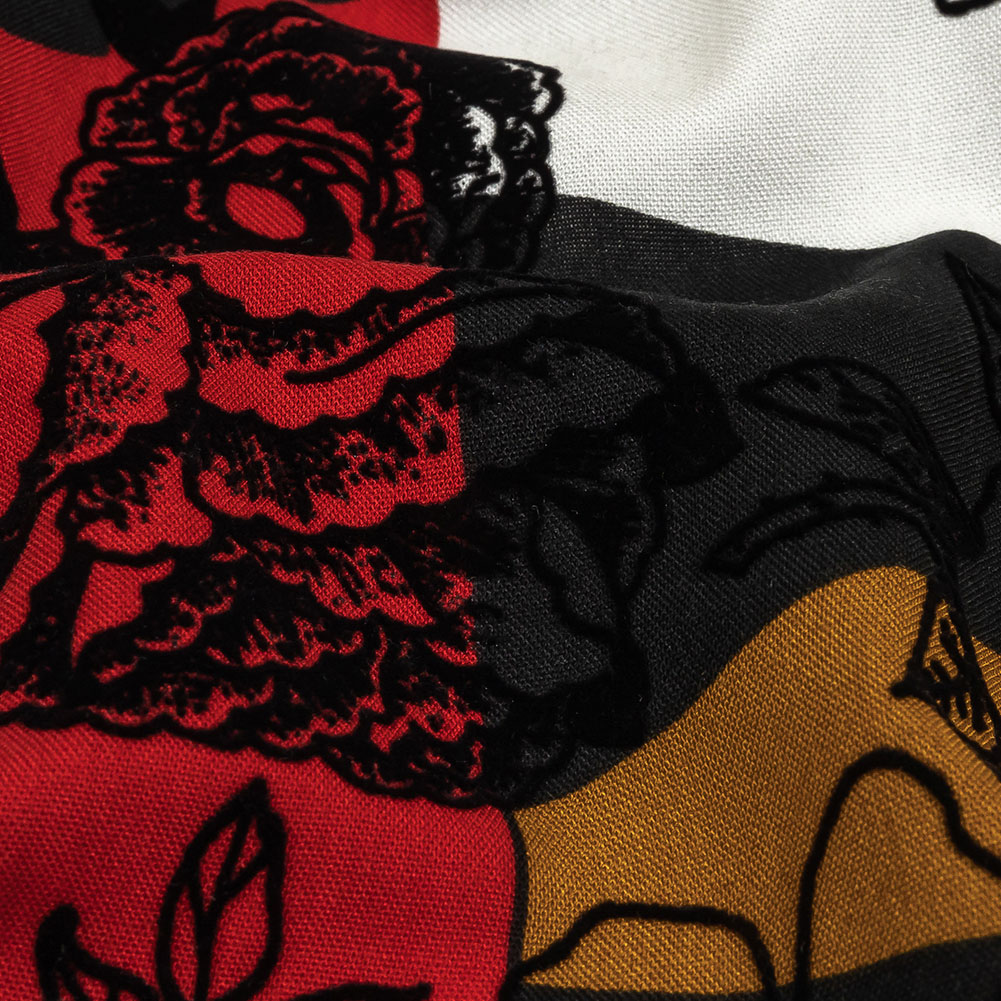 Red, Mustard and Black Flocked Flowers on Geometric Printed Viscose Woven Red, Mustard and Black Flocked Flowers on Geometric Printed Viscose Woven