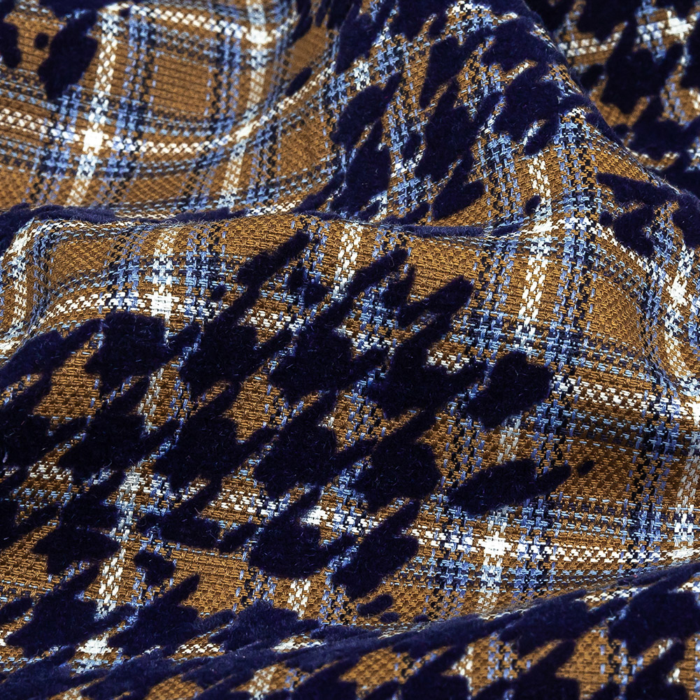 Navy, Tan and White Negative Space Florals in Flocked Houndstooth on Plaid Rustic Cotton and Polyester Woven Navy, Tan and White Negative Space Florals in Flocked Houndstooth on Plaid Rustic Cotton and Polyester Woven