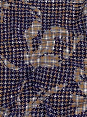 Navy, Tan and White Negative Space Florals in Flocked Houndstooth on Plaid Rustic Cotton and Polyester Woven Navy, Tan and White Negative Space Florals in Flocked Houndstooth on Plaid Rustic Cotton and Polyester Woven
