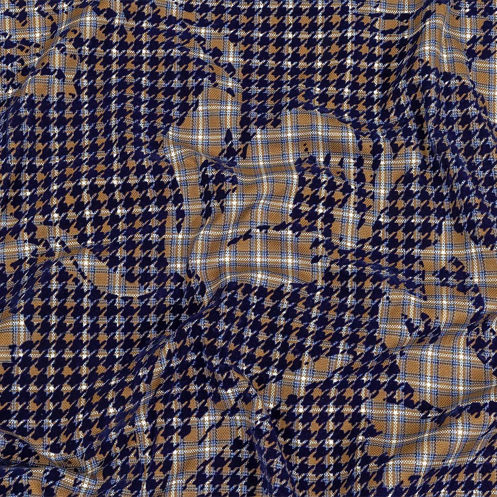 Navy, Tan and White Negative Space Florals in Flocked Houndstooth on Plaid Rustic Cotton and Polyester Woven Navy, Tan and White Negative Space Florals in Flocked Houndstooth on Plaid Rustic Cotton and Polyester Woven