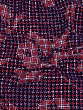 Navy, Red and White Negative Space Florals in Flocked Houndstooth on Plaid Rustic Cotton and Polyester Woven Navy, Red and White Negative Space Florals in Flocked Houndstooth on Plaid Rustic Cotton and Polyester Woven