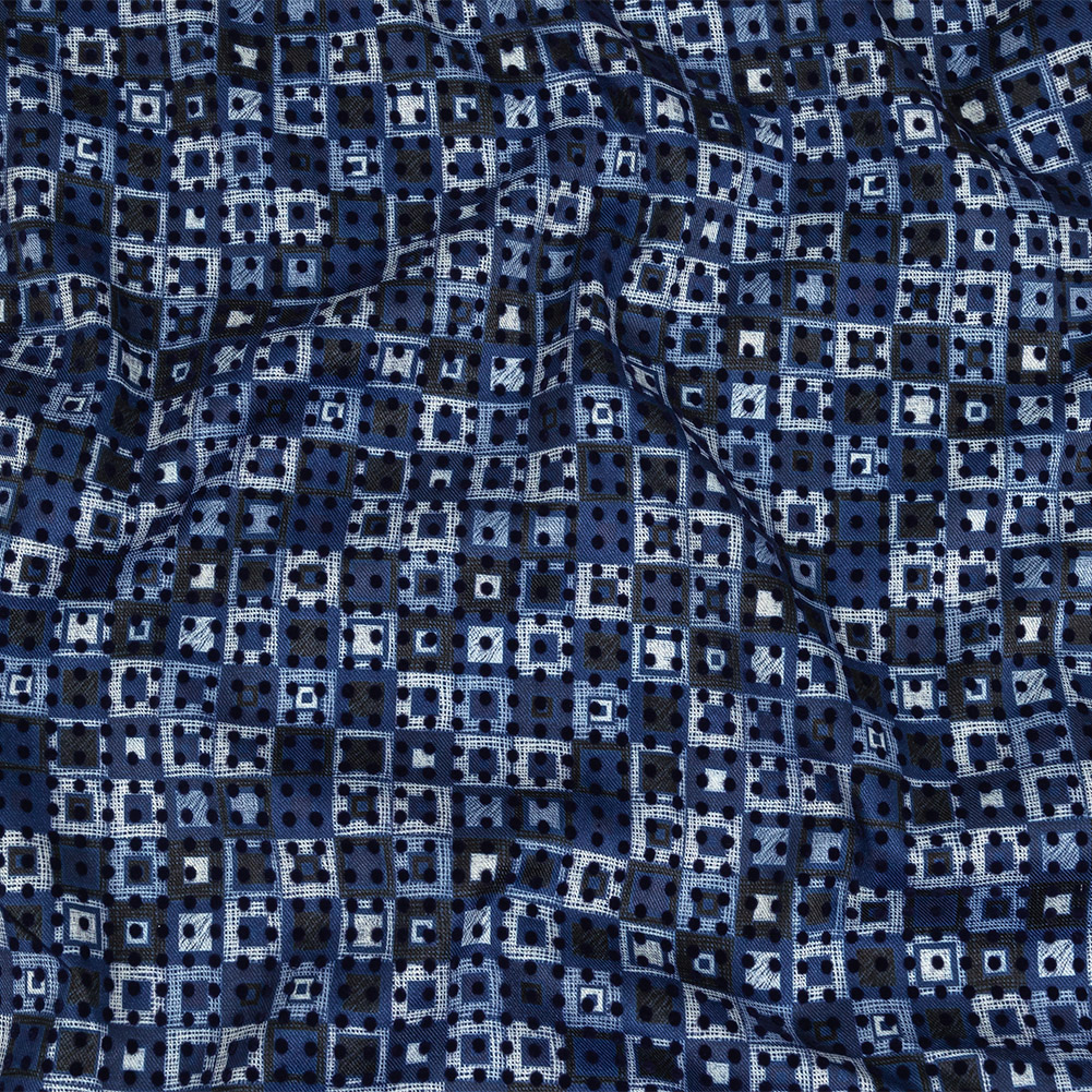 Navy Flocked Polka Dots on White, Twilight Blue and Maritime Blue Squares Stretch Cotton Twill Navy Flocked Polka Dots on White, Twilight Blue and Maritime Blue Squares Stretch Cotton Twill