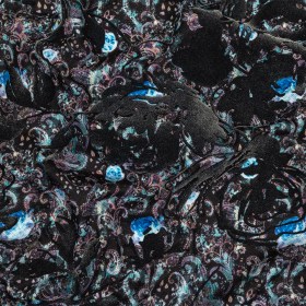 Blue Graphite Flocked Flower Vines on Gray, Blue and Pink Jacobean Cotton and Polyester Knit Pique Blue Graphite Flocked Flower Vines on Gray, Blue and Pink Jacobean Cotton and Polyester Knit Pique