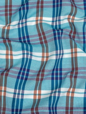 Blue, Orange and White Plaid Cotton and Polyester Dobby Blue, Orange and White Plaid Cotton and Polyester Dobby