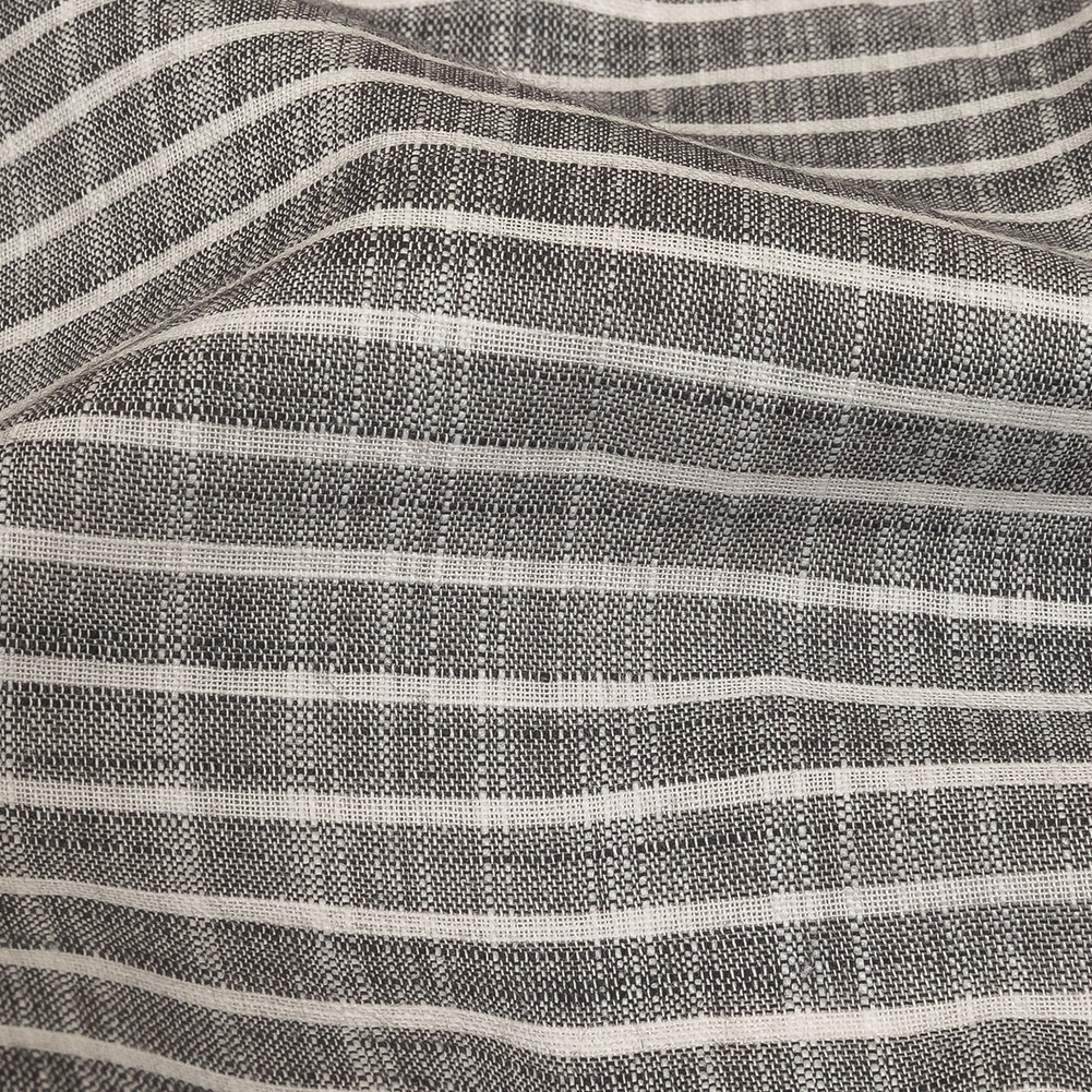 Black and White Striped Slubbed Cotton and Polyester Woven