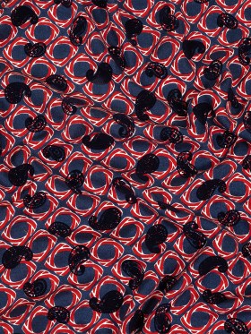 Salsa and Navy Flocked Paisley on Twisted Squares Printed Viscose Woven Salsa and Navy Flocked Paisley on Twisted Squares Printed Viscose Woven