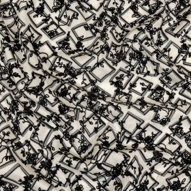 Black and White Flocked Florals on Tossed Squares Printed Viscose Woven Black and White Flocked Florals on Tossed Squares Printed Viscose Woven