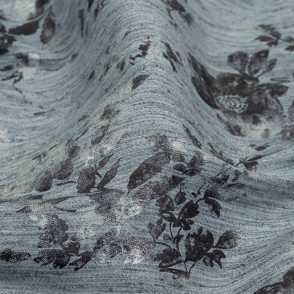 Steel Blue, Silver and Gunmetal Foiled Flowers Striated Stretch Cotton Woven