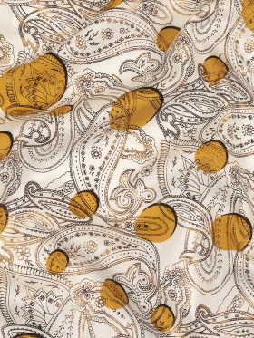 Honey Gold, Brown and White Foiled Paisley on Polka Dot Printed Viscose Woven Honey Gold, Brown and White Foiled Paisley on Polka Dot Printed Viscose Woven
