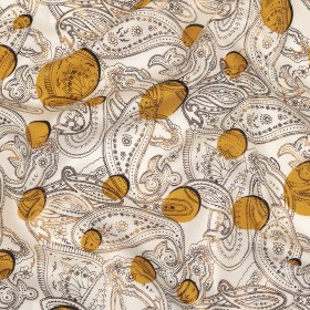 Honey Gold, Brown and White Foiled Paisley on Polka Dot Printed Viscose Woven Honey Gold, Brown and White Foiled Paisley on Polka Dot Printed Viscose Woven