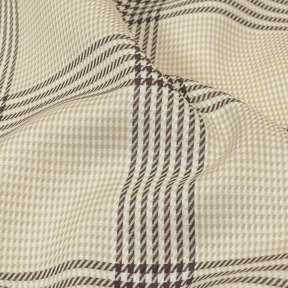 Beige, Brown and White Glen Plaid Twill Cotton Shirting Beige, Brown and White Glen Plaid Twill Cotton Shirting