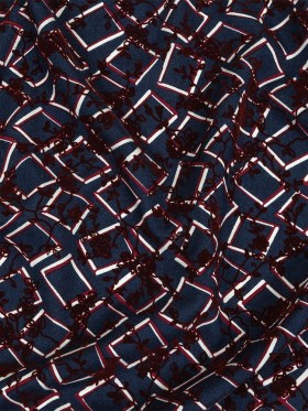 Burgundy, White and Navy Flocked Florals on Tossed Squares Printed Viscose Woven Burgundy, White and Navy Flocked Florals on Tossed Squares Printed Viscose Woven