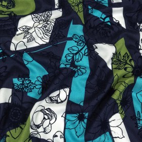 Turquoise, Lime and Navy Flocked Flowers on Geometric Printed Viscose Woven Turquoise, Lime and Navy Flocked Flowers on Geometric Printed Viscose Woven