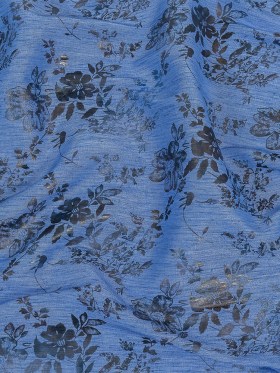 Bright Blue and Gray Foiled Flowers Striated Stretch Cotton Woven Bright Blue and Gray Foiled Flowers Striated Stretch Cotton Woven