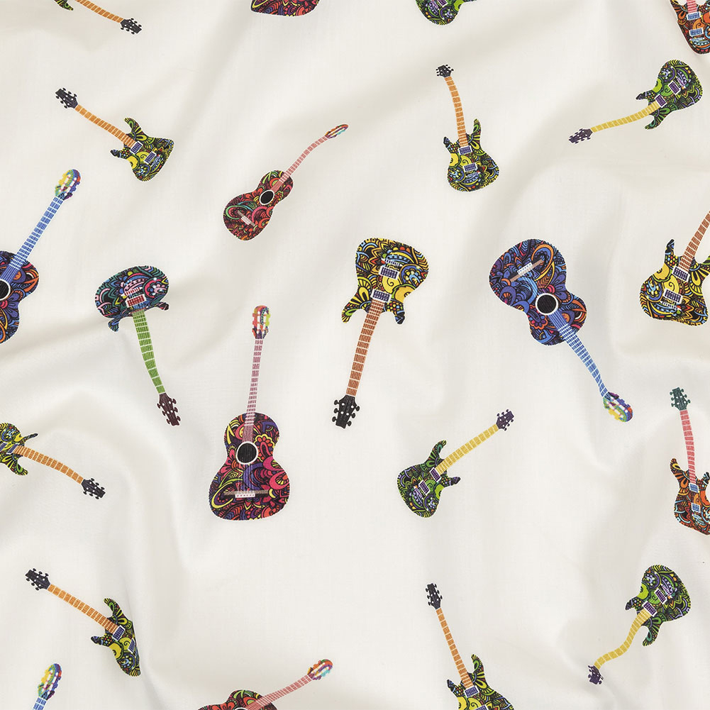 Blanc de Blanc and Multicolor Decorated Guitars Cotton Shirting Blanc de Blanc and Multicolor Decorated Guitars Cotton Shirting