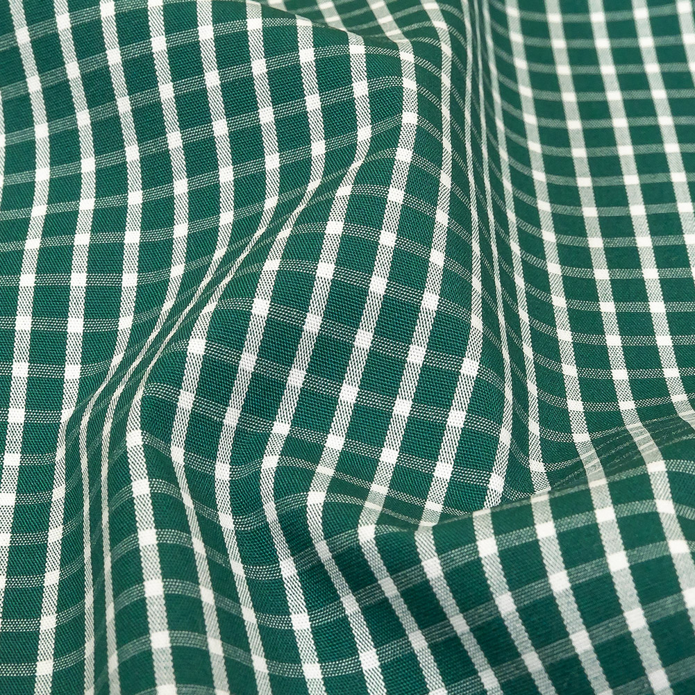 Evergreen and White Checkered Cotton and Polyester Shirting