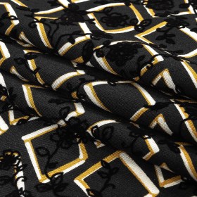 Black, White and Spruce Yellow Flocked Florals on Tossed Squares Printed Viscose Woven Black, White and Spruce Yellow Flocked Florals on Tossed Squares Printed Viscose Woven