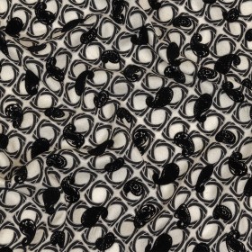 Black and White Flocked Paisley on Twisted Squares Printed Viscose Woven Black and White Flocked Paisley on Twisted Squares Printed Viscose Woven