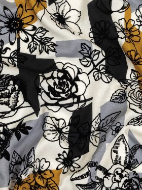 Black, Gray and Harvest Gold Flocked Flowers on Geometric Printed Viscose Woven Black, Gray and Harvest Gold Flocked Flowers on Geometric Printed Viscose Woven