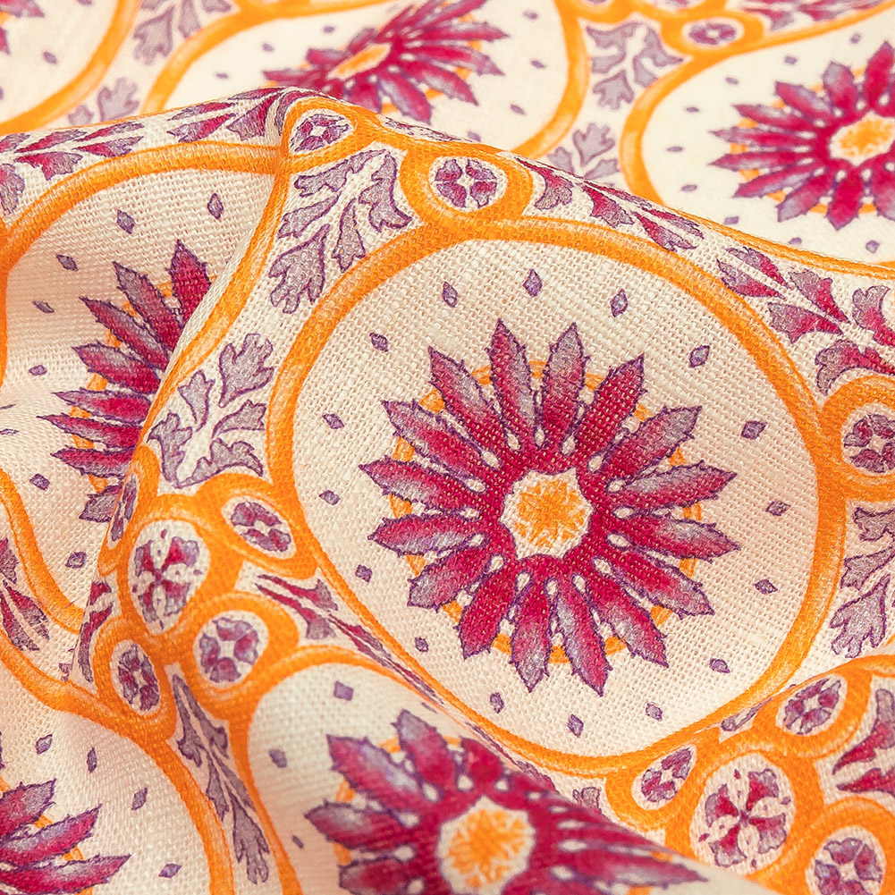 Viscose and Linen Woven Print - Magenta and Orange Floral Tiles - Mood Exclusive Sao Bento