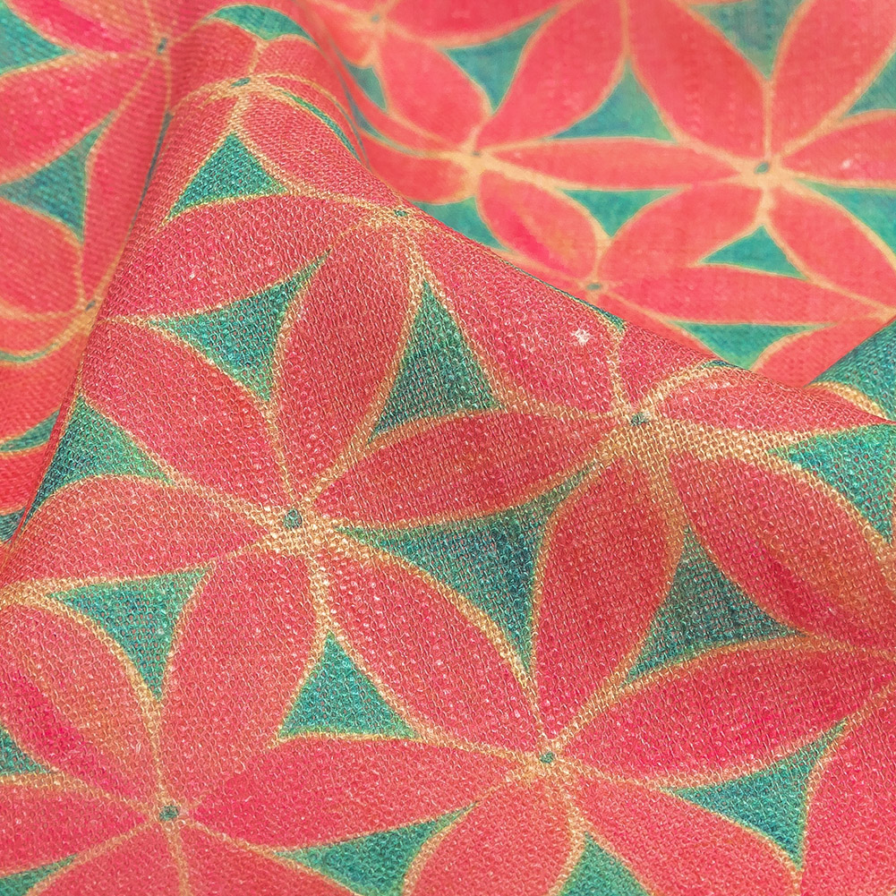Viscose and Linen Woven Print - Hot Pink and Turquoise Geometric Floral - Mood Exclusive Homemade Hexagons