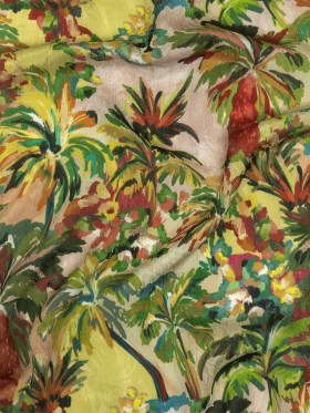Crinkled Leafy Polyester Jacquard Print – Yellow, Red and Green Palm Trees – Mood Exclusive Beach Babe Crinkled Leafy Polyester Jacquard Print – Yellow, Red and Green Palm Trees – Mood Exclusive Beach Babe
