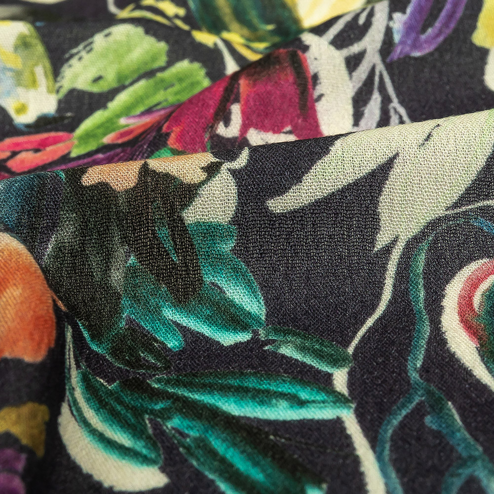 Gauzy Wrinkled Rayon Woven Print - Navy and Rainbow Floral - Mood Exclusive Midsummer's Night