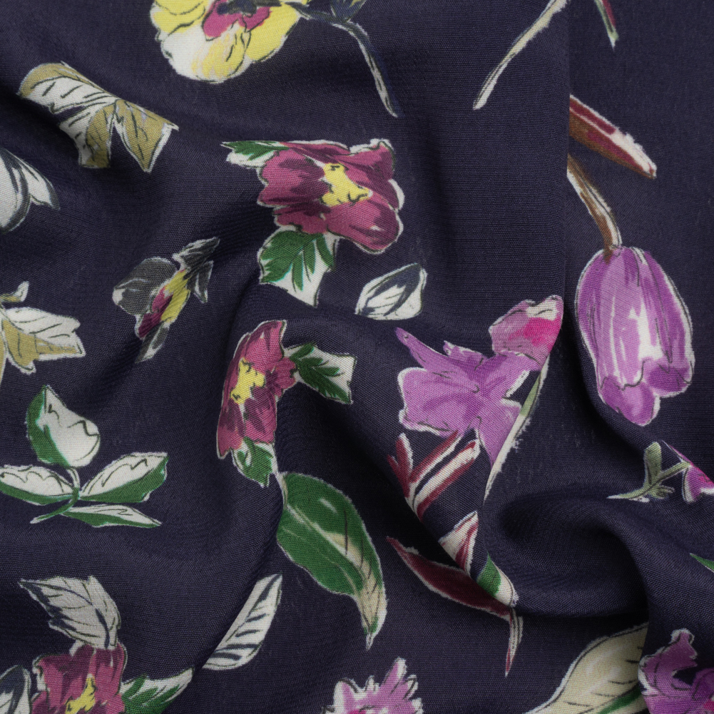 Sustainable Viscose Crepe Print – Purple, Navy, and Yellow Floral – Mood Exclusive Tulip Fever Sustainable Viscose Crepe Print – Purple, Navy, and Yellow Floral – Mood Exclusive Tulip Fever