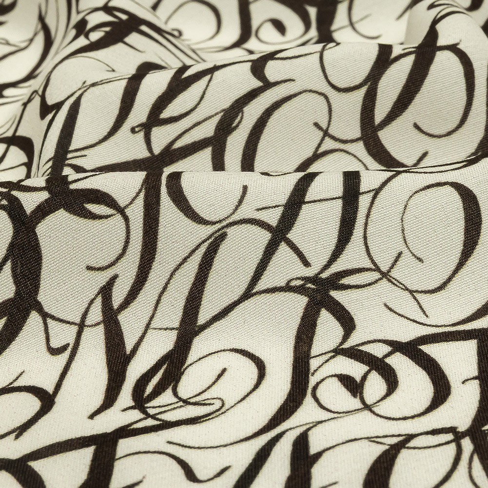 Sustainable Viscose Woven Print - White Calligraphic Letters - Mood Exclusive Dear Ms. Austen