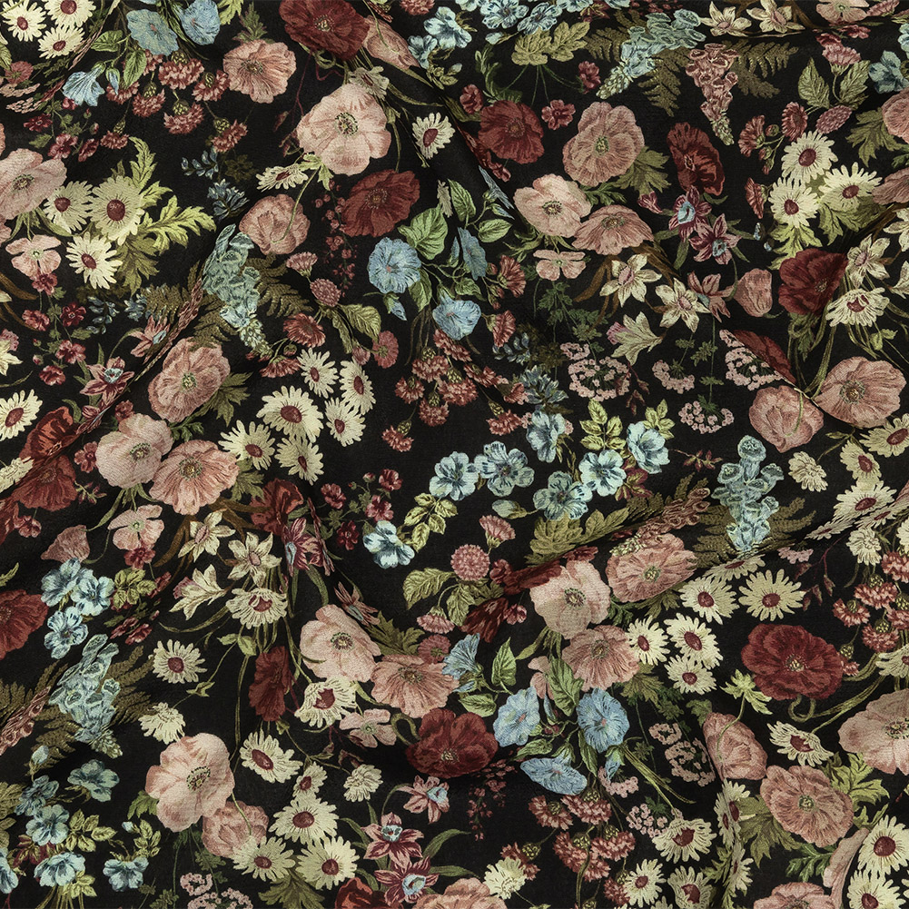 Viscose Crepe Print – Black, Pink and Sky Blue Floral – Mood Exclusive Highgrove Viscose Crepe Print – Black, Pink and Sky Blue Floral – Mood Exclusive Highgrove