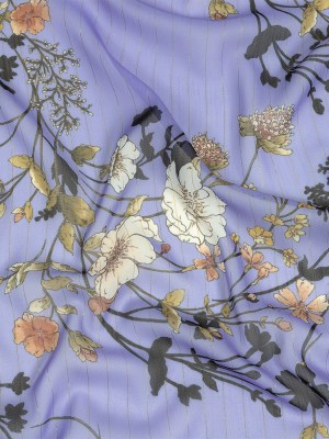 Polyester Chiffon Print with Metallic Pinstripes – Lavender and White Floral – Mood Exclusive Ornamental Orchestra Polyester Chiffon Print with Metallic Pinstripes – Lavender and White Floral – Mood Exclusive Ornamental Orchestra