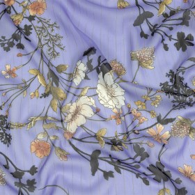 Polyester Chiffon Print with Metallic Pinstripes – Lavender and White Floral – Mood Exclusive Ornamental Orchestra Polyester Chiffon Print with Metallic Pinstripes – Lavender and White Floral – Mood Exclusive Ornamental Orchestra