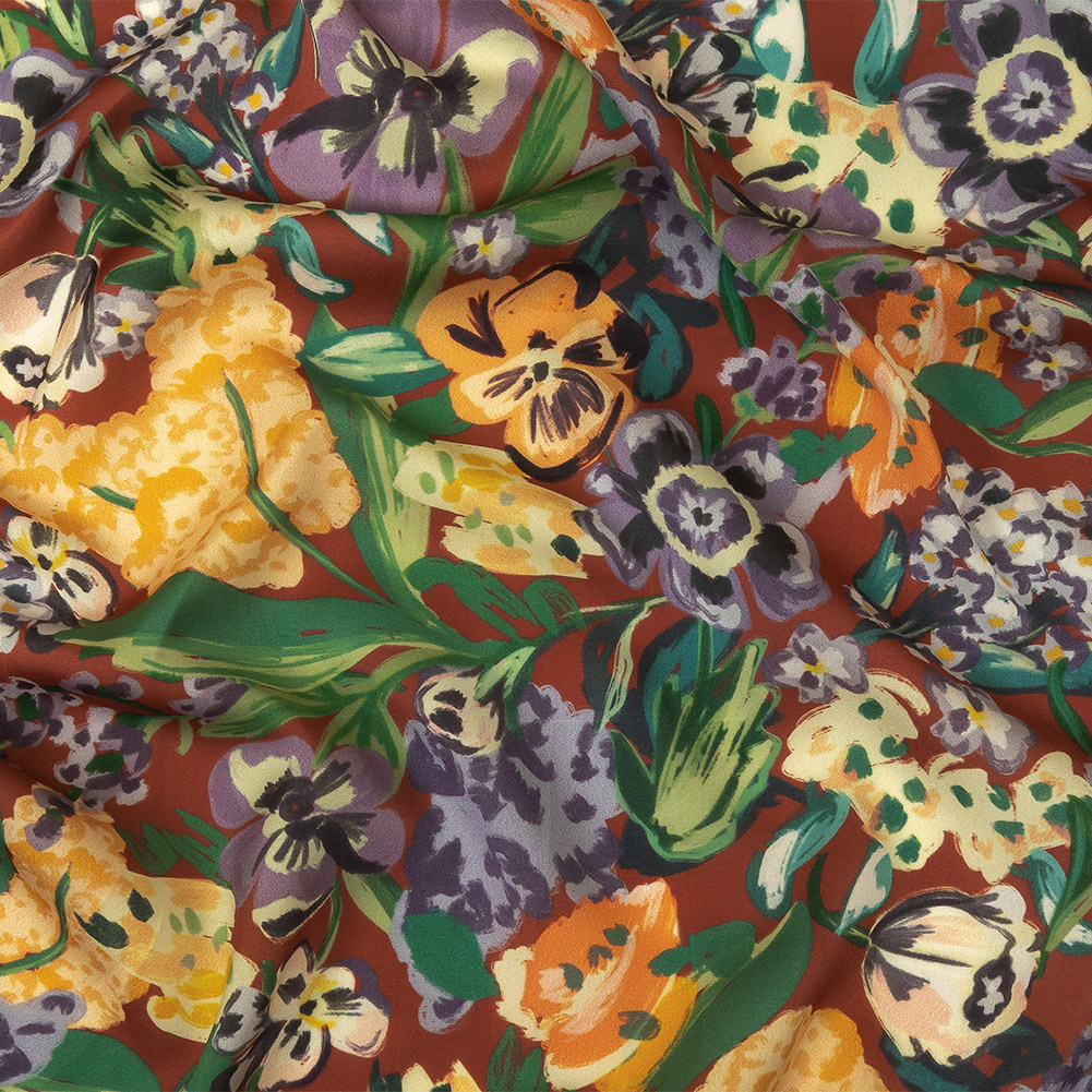 Polyester Crepe de Chine Print – Burnt Russet Brown, Yellow and Purple Floral – Mood Exclusive Language of Flowers Polyester Crepe de Chine Print – Burnt Russet Brown, Yellow and Purple Floral – Mood Exclusive Language of Flowers