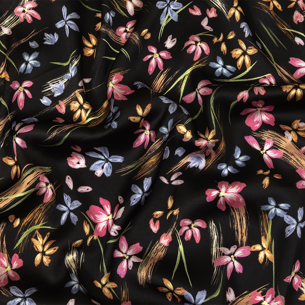Polyester Charmeuse Print – Black, Pink and Blue Floral – Mood Exclusive In the Wind Polyester Charmeuse Print – Black, Pink and Blue Floral – Mood Exclusive In the Wind