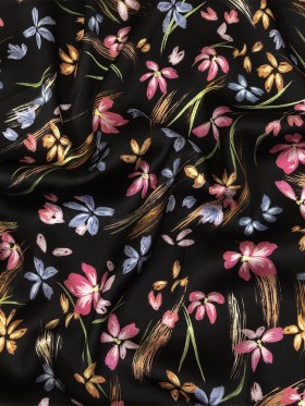Polyester Charmeuse Print – Black, Pink and Blue Floral – Mood Exclusive In the Wind Polyester Charmeuse Print – Black, Pink and Blue Floral – Mood Exclusive In the Wind