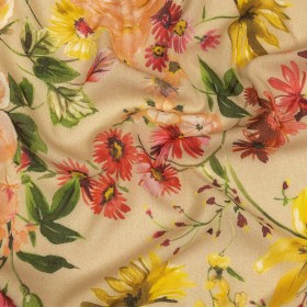 Gauzy Wrinkled Rayon Woven Print – Beige, Pink and Yellow Floral – Mood Exclusive Flower Stand Gauzy Wrinkled Rayon Woven Print – Beige, Pink and Yellow Floral – Mood Exclusive Flower Stand