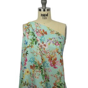 Slubbed Polyester Gauze – Aqua and Rainbow Floral – Mood Exclusive Mallorcan Morning Print Slubbed Polyester Gauze – Aqua and Rainbow Floral – Mood Exclusive Mallorcan Morning Print
