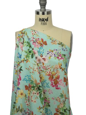 Slubbed Polyester Gauze – Aqua and Rainbow Floral – Mood Exclusive Mallorcan Morning Print Slubbed Polyester Gauze – Aqua and Rainbow Floral – Mood Exclusive Mallorcan Morning Print